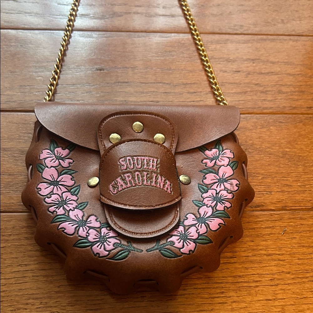 Handmade Brown Leather Pink Floral Purse